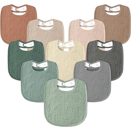Susurration Muslin Baby Drool Bibs 10Pack Soft Square Adjustable Bandana Bibs for Unisex Newborn Baby Girls&Boys