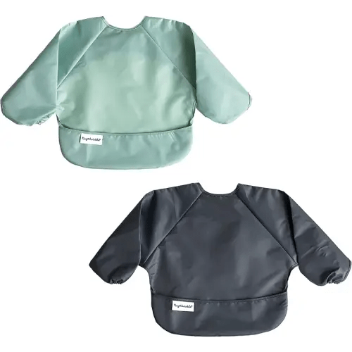 Tiny Twinkle Mess Proof Baby Bib, 2 Pack Long Sleeve Bib Outfit, Waterproof Bibs for Toddlers, Machine Washable, Tug Proof (Sage Charcoal, Small 6-24 Months)