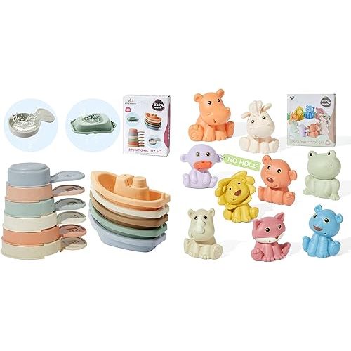 20 PSC Bath Toys Set - 11 PSC Floating Boats with Bathing Spoon and 9 PCS No Hole Wild Animals Toys