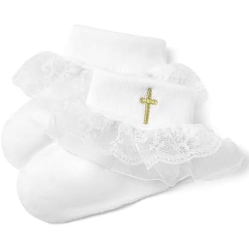 Baptism Socks for Baby Girls - White Newborn Christening Socks With Cross & Eyelet Frilly Lace