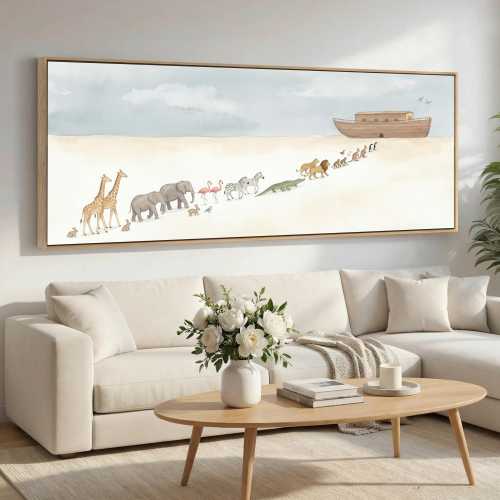 Noah’s Ark Framed Canvas Wall Art, Ark Animals Nursery Panorama, Christian Bible Story Decor, Extra Wide Horizontal Print