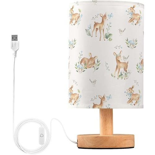 Bedside Table Lamp Woodland Animals Nightstand Lamp with Wood Forest Deer Bird Flower Desk Lamps for Bedroom Living Room Nursery Office Home Decor
