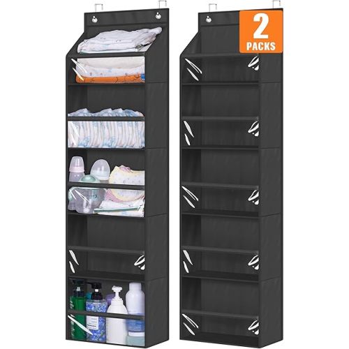 AOODA 2 Pack Over the Door Organizer, Large Capacity Closet Door Hanging Organizer, Clear Deep Pockets Baby Storage for Nursery, Bathroom, Bedroom, Pantry, Diapers (Black)