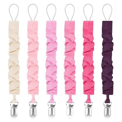 TenderBabe Pacifier Clip,6 Pack Pacifier Holder Clip with Adorable Frill Design,Soft Flexible Binky Clips for Baby Girl and Boy