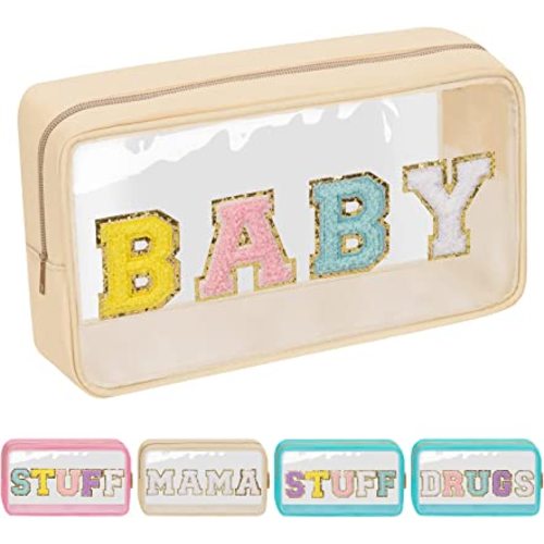 Iqimott Preppy Patch Clear Baby Bag, Women Chenille Letter Makeup Cosmetic Bag for Travel, Nylon Waterproof Organization Outdoor Zipper Pouch Toiletry Bag for Women Girls(Beige)
