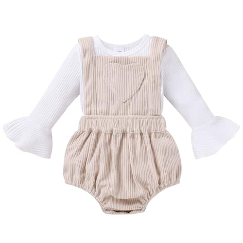 Tiny Cutey Newborn Baby Girl Clothes Bell Sleeve Romper and Corduroy Overalls Shorts Infant Girl Fall Outfits