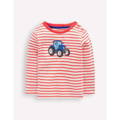 Long Sleeve Appliqué T-shirt-Soft Ivory and Jam Red Stripe