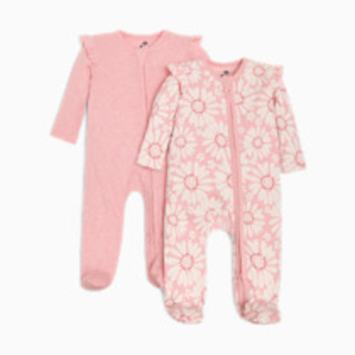 Small Story Organic Cotton Ruffle 2-Way Zip Footie (2 Pack) - Floral & Pink Heather, 3-6 M