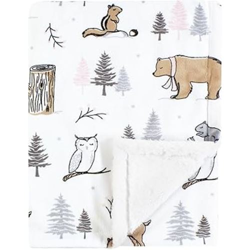 Hudson Baby Unisex Baby Plush Blanket with Furry Binding and Back, Winter Forest, One Size