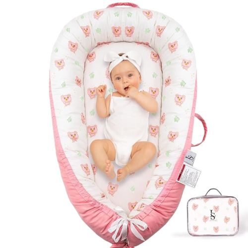 Baby Lounger for Newborn 0-24 Months – Breathable & Soft Baby Nest – Reversible, Lightweight & Portable Infant Lounger for Baby Girl & Boy - Baby Floor Seat for Home & Travel by Leosole (Blush Bear)