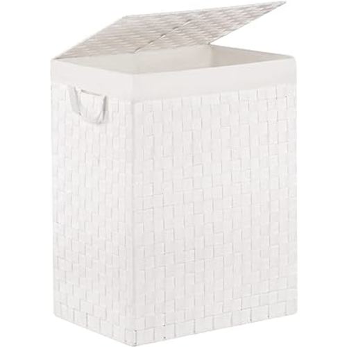 Handwoven Laundry Basket Hamper with Removable Bag and Lid, Collapsible Clothes Hamper with Handle, White