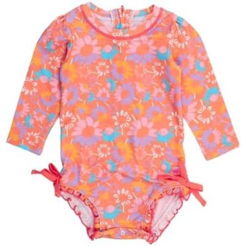 RuffleButts Baby Girls UPF 50+ Sun Protection Floral Printed Long Sleeve One Piece Rash Guard Swimsuit with Zipper
