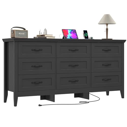 chartustriable Farmhouse 9 Drawers Dresser, 63" Wood Dresser for Bedroom Wide Chest of Drawers, French Country Storage Double Dressers Organizer for Bedroom, Living Room, Nursery(Black)
