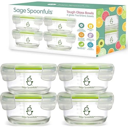 Sage Spoonfuls Glass Baby Food Containers with Lids - 4 Pack, 7 oz Baby Food Jars, Durable, Leakproof & Airtight, Freezer Storage, Reusable Glass Baby Food Containers, Microwave & Dishwasher Safe