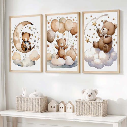 Bear Wall Art Nursery – Cute Set with Moon & Balloons – Artworksets