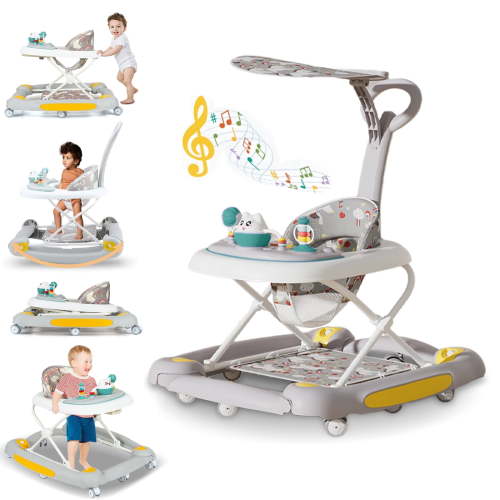 YYW 6-in-1 Baby Walker, Foldable Push Walker with Musical Activity Station for 6-24 Months, Gray