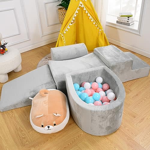 ZYSMALAT Soft Play Climb and Crawl Activity Playset - Foam Climbing Blocks for Toddlers 1-3 - Luxury Velvet Indoor Soft Play Set - Baby Climbing Blocks - 5 PCS (Balls NOT Included) (Gray)