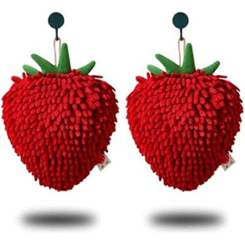 Fuzzy Hand Towels, Hanging Bathroom Super Fluffy Chenille Microfiber Towels, High Absorbent to Dry Your Hand Instantly (Strawberry,2pcs)