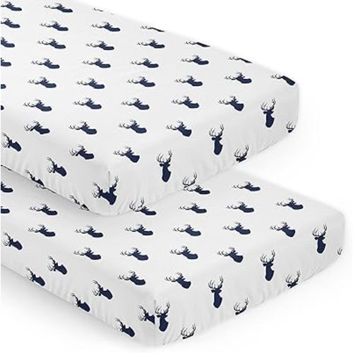 Sweet Jojo Designs Navy Blue White Woodland Deer Boy Baby Fitted Crib Sheet Set Nursery Soft Infant Newborn Fits Standard Mattress or Toddler Bed - 2pc - Forest Animal Stag Antler