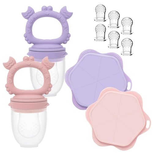 Ginbear Baby Fruit Food Feeder & Popsicle Molds Combo (Set of 2), Silicone Teething Feeders with Freezer Tray for Infants 4 Months+ (Pink/Lilac)