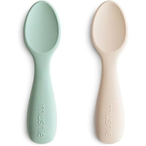 mushie Silicone Toddler Starter Spoons | 2 Pack (Cambridge Blue/Shifting Sand)