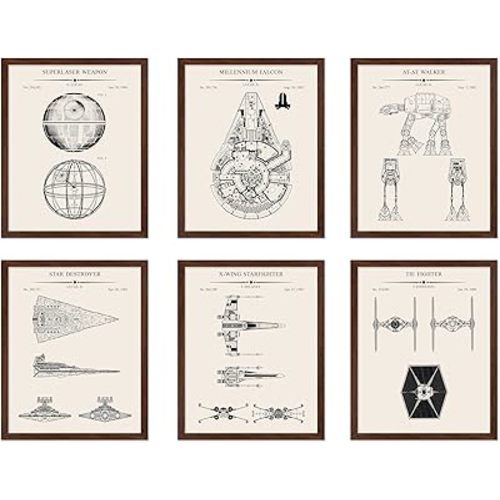 Poster Master 6-Piece Sci Fi Characters Blueprint Poster - Spaceship Patent Print - Fighter Jet Art - Armored Walker Art - Fantasy Art - Great Living Room or Kid's Room Decor, 11x14 Brown Framed