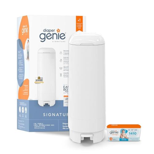 Diaper Genie Signature Pail Gift Set Includes 1 Easy Roll Refill with 30 Bags | Holds Up to 1,410 newborn-Sized Diapers Per Refill White