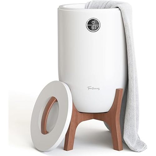 Fontaines Luxury Towel Warmer for Bathroom, Spa - Large Heated Towel Warmer Bucket, Wood Handle, Safe Auto Shut Off, Fits Up to Two Large 40x70 Oversized Towels or Robes - White