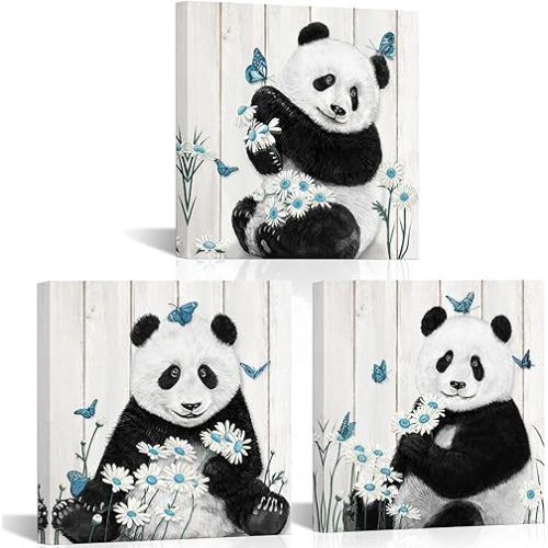 WELMECO Nursery Wall Art Panda Playing Flower Painting Baby Boys Girls Kids Room Decor Framed Canvas Artwork 12"x12"x3 Pieces (Aqua)
