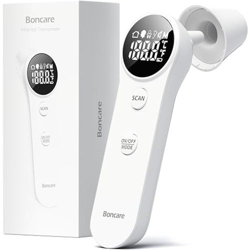 Boncare Ear and Forehead Thermometer, 2X Accuracy Infrared Digital Thermometer for Adults and Kids, 1 Second Reading, No Touch Baby with Fever Alarm, FSA and HSA Eligible