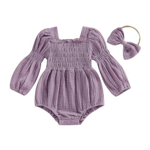 Kavousa Smocked Baby Girl Clothes Newborn Girl Bubble Romper Long Sleeve Jumpsuit And Headband Outfit Cute Infant Clothing