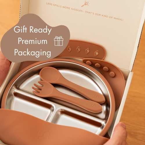 Stainless Steel Baby Feeding Set – Suction Plate, Silicone Bib, Spoon & Fork – BPA-Free Weaning Kit for 6–18 Months, Soft Starter Utensils