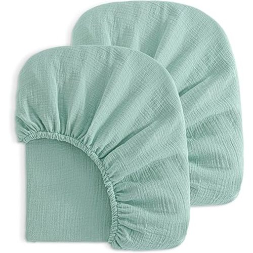 NTBAY 2 Pack Muslin Cotton Mini Crib Sheets, Soft and Breathable Double Layer 24x38 Baby Crib Sheets for Mini Crib and Toddler Mattresses, Boys, Girls, Unisex, Mint, 24x38 Inches