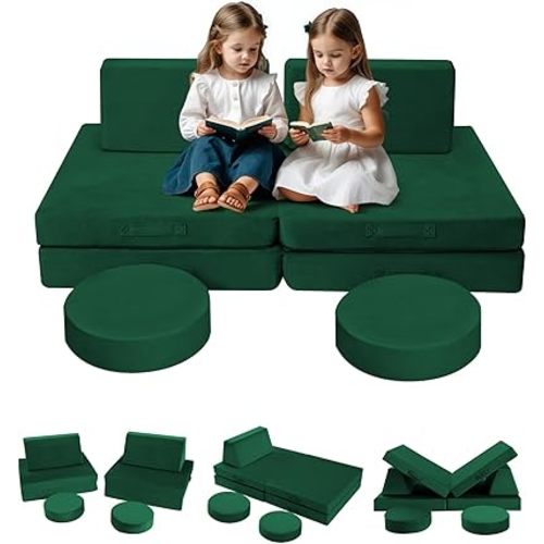 MeMoreCool 8-Piece Modular Kids Play Couch – Green Convertible Foam Toddler Sofa for Playroom, Fold-Out Baby Couch Play Set