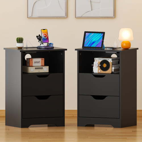 Ktaxon Set of 2 NightStand with Charging Station BedsideTable with 2 Storage Drawers,End Side for Bedroom,Country Style Black