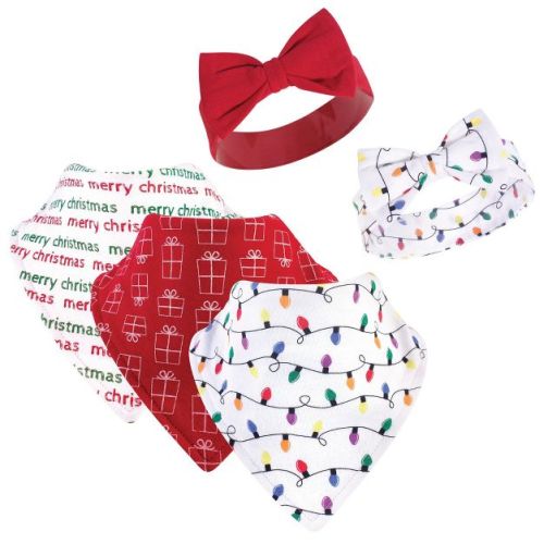 Hudson Baby Infant Girl Cotton Bib and Headband Set 5pk, Christmas Lights, One Size