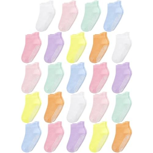 Cooraby 24 Pack Toddler Baby Non Slip Grip Ankle Socks with Anti-slip Soles Low Cut Grip Baby Walk Socks for Infant Boy Girl