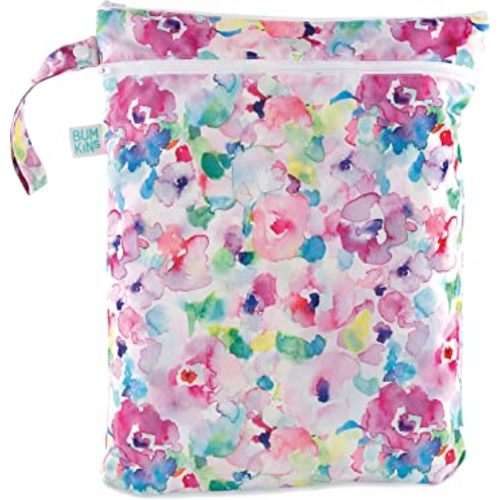 Bumkins Waterproof Wet Dry Bag for Baby, Travel, Swim Suit, Cloth Diapers, Pump Parts, Pool, Gym Clothes, Toiletry, Strap to Stroller, Daycare, Zip Reusable Bag, Packing Pouch, Watercolors Floral