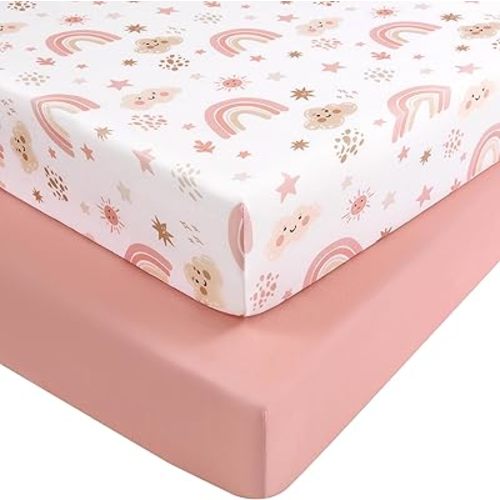 Baby Crib Sheets Girl, Fitted Crib Sheets 52" x 28", Soft Breathable Microfiber Sheets for Standard Crib and Toddler Mattress, 2-Pack Pink Rainbow