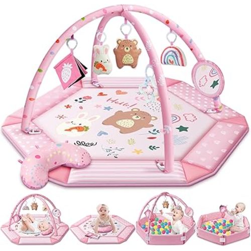 Baby Gym Play Mat, 8-in-1 Tummy Time Mat & Ball Pit with 6 Toys, Washable Baby Activity Mat for Visual, Hearing, Sensory, Motor Development, Baby Gift for Newborn Infant 0-3-6-9-12 Months (Pink)