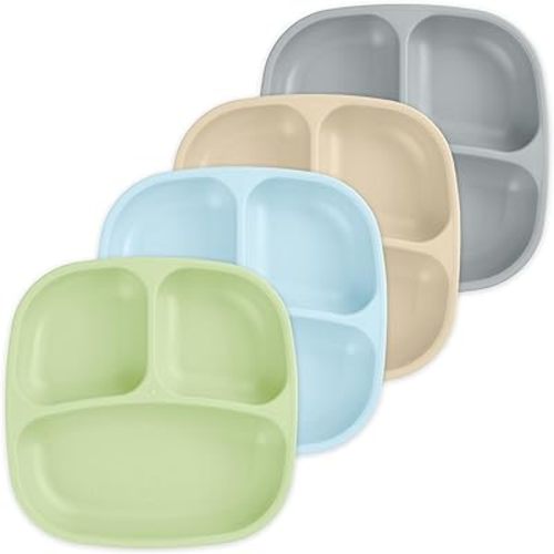 Re-Play - 4 Pack 7.37" Divided Plates with Deep Sides for Baby, Toddler & Child Feeding - BPA Free - Made in USA from Recycled Milk Jugs - Meadow