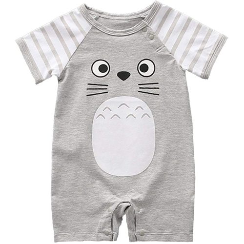 stylesilove Unisex Baby Cotton Onesie - Short Sleeve Outfit with Cute Graphics, Striped Sleeves, 3-24 Months