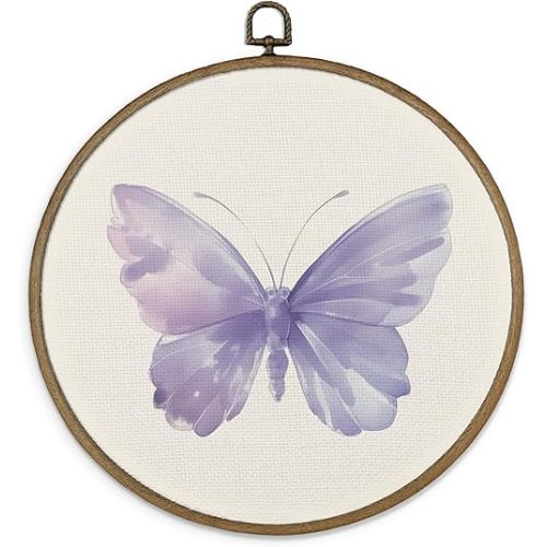 MAQIKA Purple Butterfly Framed Wall Art Decor, Butterfly Wall Art, Purple Nursery Round Wall Hanging Decor, Baby Girl Butterfly Canvas Prints Wall Art for Bathroom Bedroom, 10x10 Inch