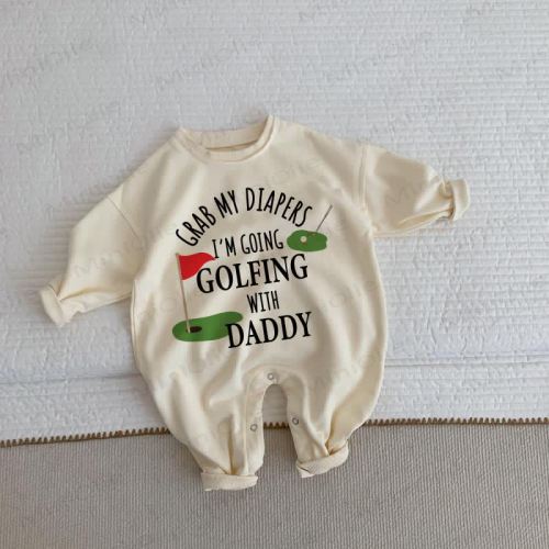 GRAB MY DIAPERS I’M GOING GOLFING WITH DADDY Baby Beige Romper