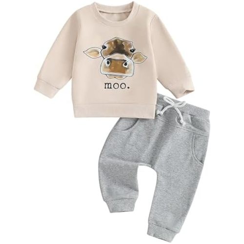 Pudcoco Toddler Baby Boys Girls Fall Clothes Farm Animal Outfit Horse Cow Chicken Sweatshirt and Jogger Pants Set