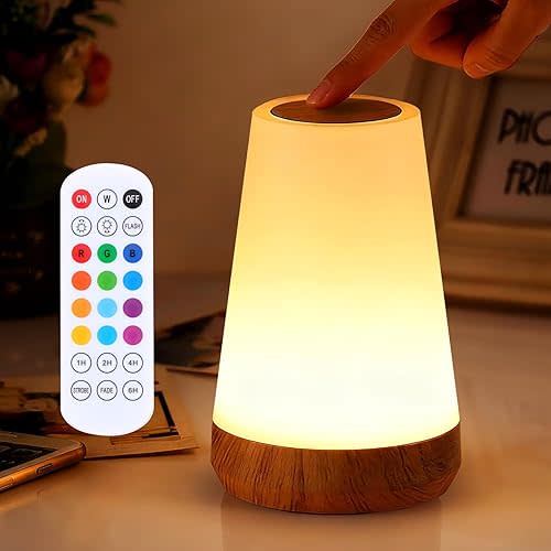 ZWOTNDT Night Light, Dimmable Touch Lamp and Remote Control, 13 RGB Colors & 5 Brightness, Rechargeable Bedside Table Lamp for Baby Kids Nursery Bedroom Bathroom Camping (Wood Grain)