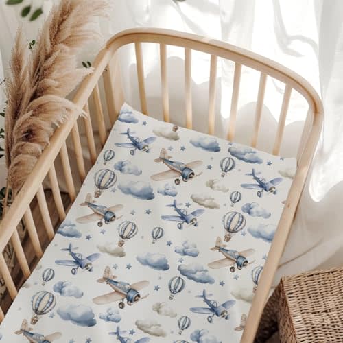 Cute Plane Hot Air Balloon Baby Crib Sheet for Boys & Girls 28x52 Inch Breathable Blue Airplanes Moon Stars Fitted Crib Sheet Fits Standard Cribs and Toddler Mattresses Toddler Bed Sheet
