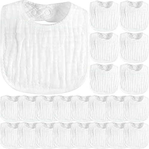 20 Pack Muslin Bibs Adjustable Baby Bibs White Drool Bibs 6 Absorbent Layers