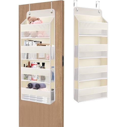 QINGUANG Over The Door Organizer,Hanging Organization and Storage, Behind Door Organizer with Side Pockets, 35 lbs Capacity,Anti Tilt, for Nursery, Bathroom, Bedroom,Dorm 4-Shelf Beige