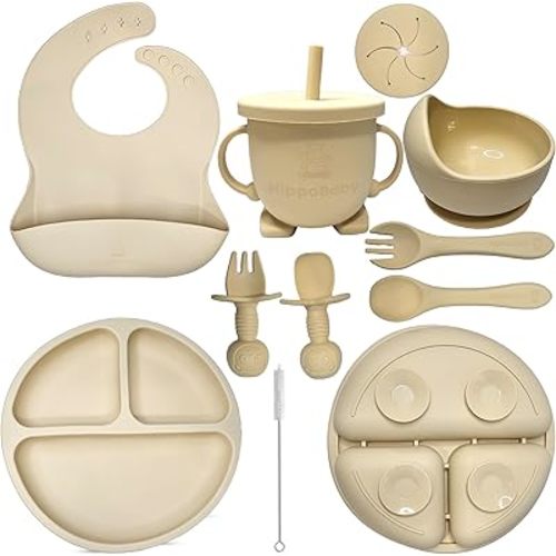 Baby Led Weaning Supplies | 10 Piece Silicone Feeding Set | Baby Toddler Bib Cup Divided Plate and Bowl Self Feeding Spoons Dish Set | Baby Utensils | Toddler Feeding Supplies (Cream)
